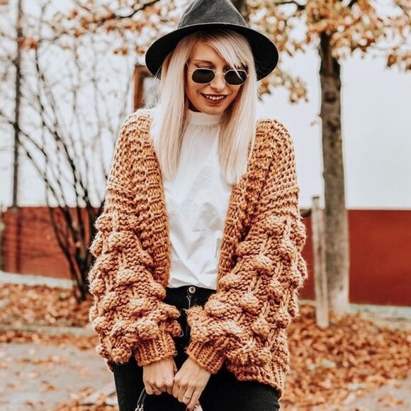 Caramel Handmade Knit Cardigan with Pom-Pom Sleeves, One Size - Picture 1 of 4